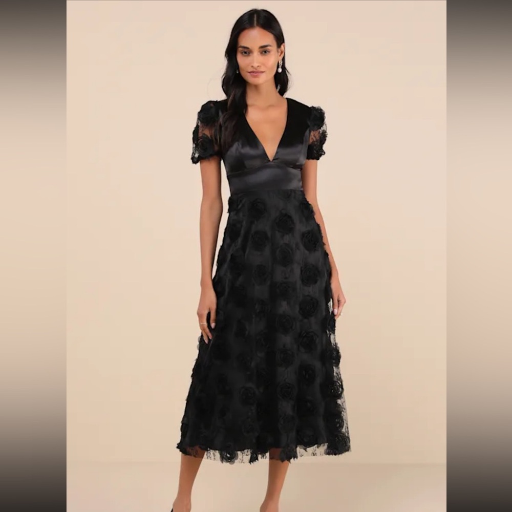Gorgeous Elevation Black Lace Rosette Puff Sleeve Midi Dress (Lulus)